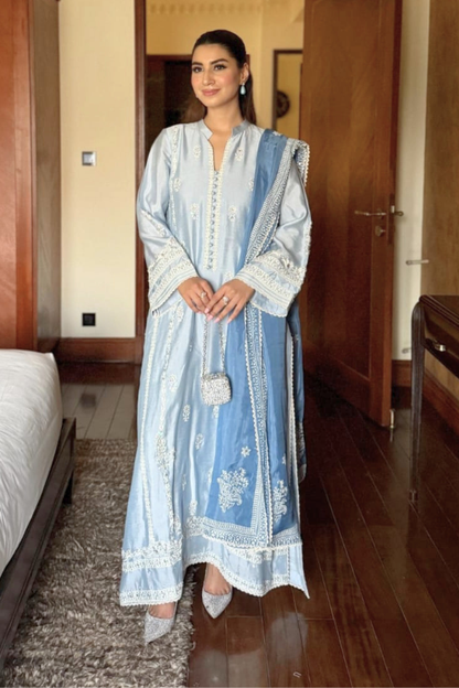 Noore Meher Ice Blue Handmade Suit