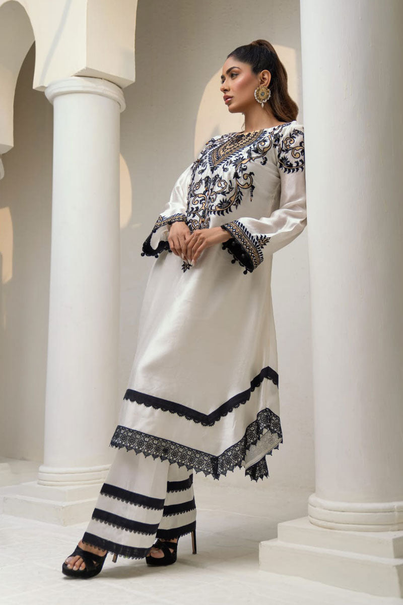 3 Piece Ivory Silk Stitched Dress