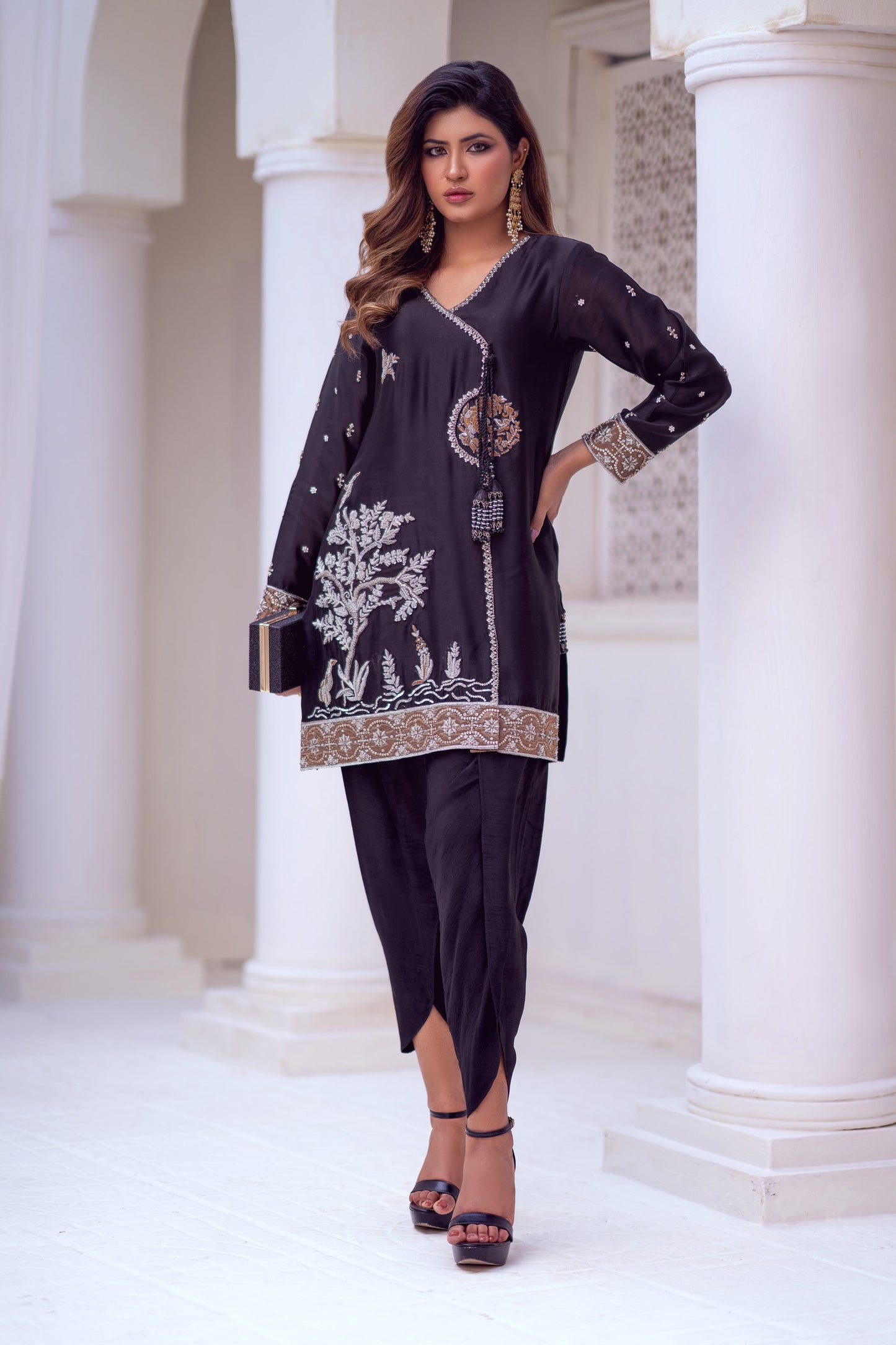 3 Piece Black Silk Gilded Night Stitched Dress