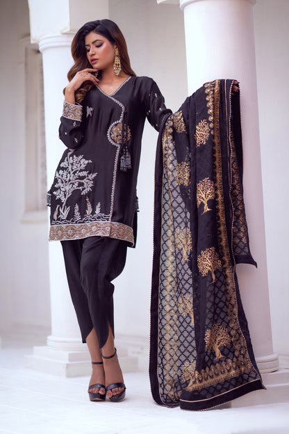 Black Silk Gilded Night Suit
