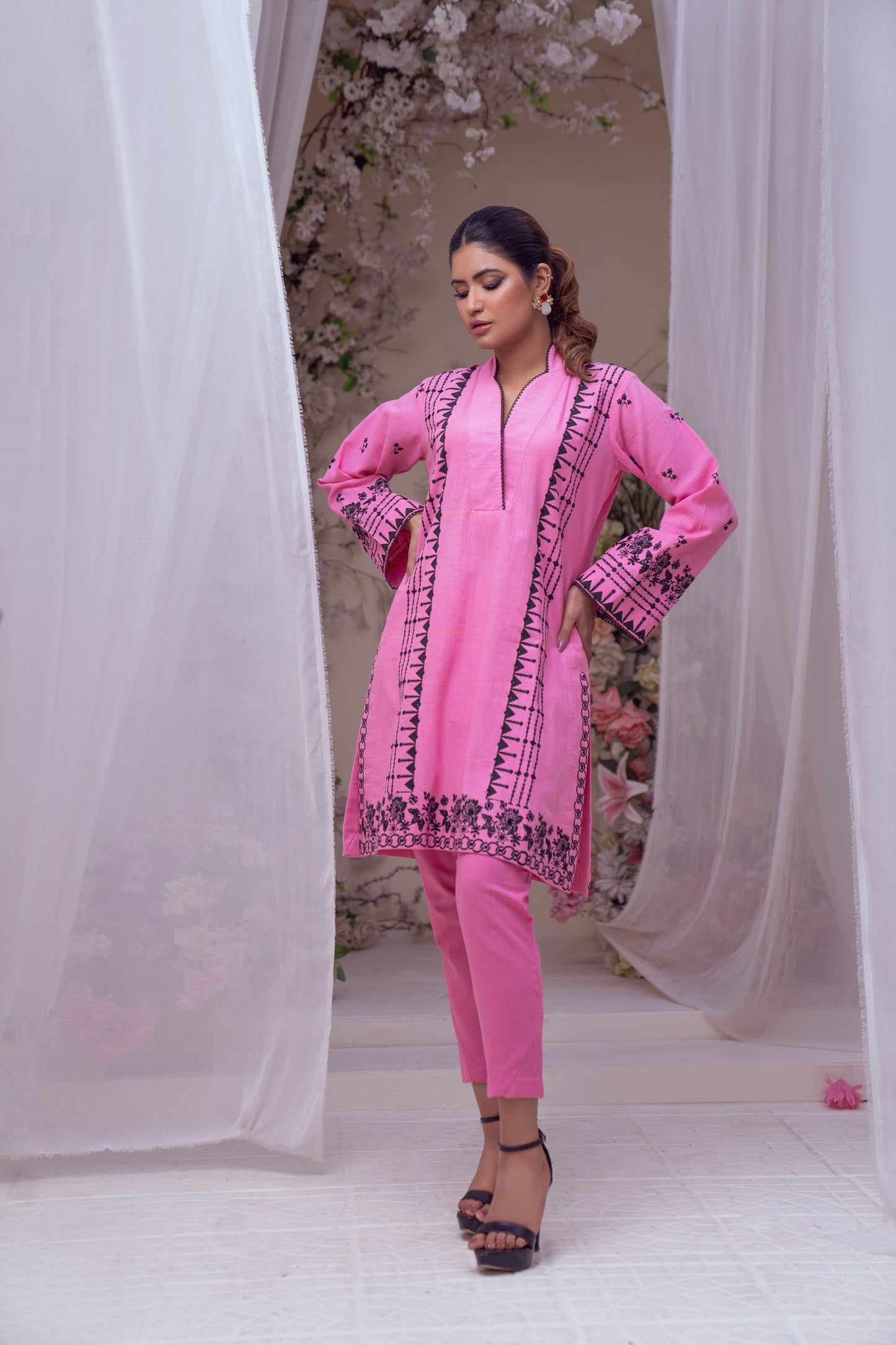 2 Piece Cotton Pink Stitched Casual Dress