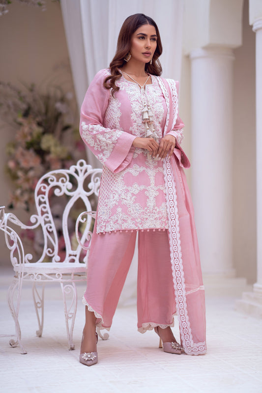 3 Piece Silk Pink Rea Stitched Dress