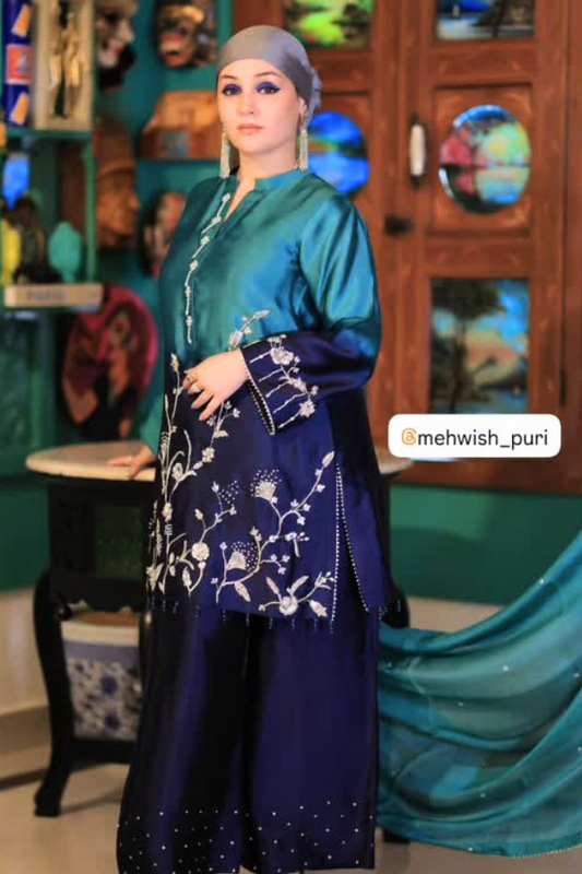 Noore Saba Teal & Navy Handmade Suit