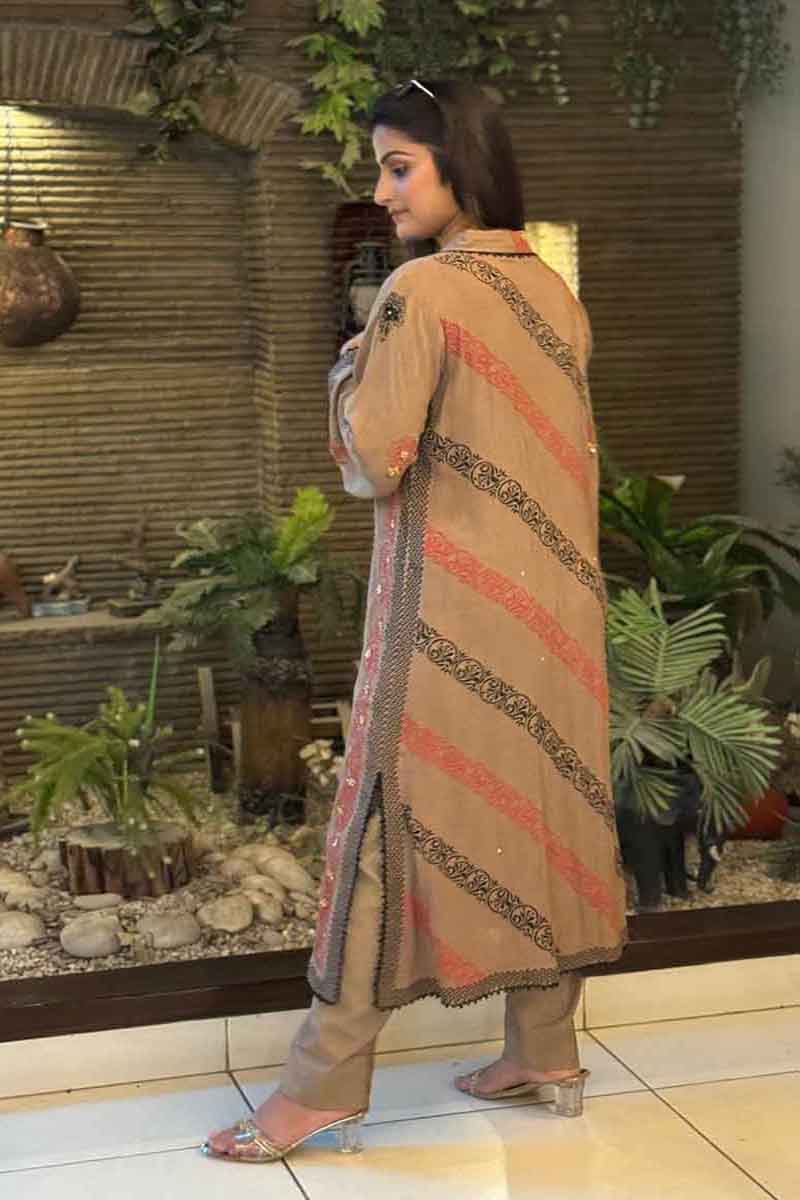 2 Piece Silk Brown Stitched Casual Dress