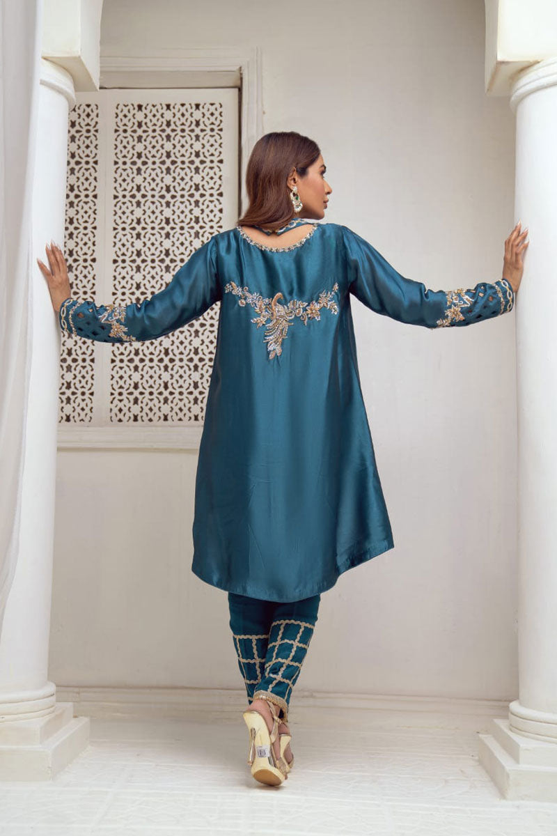 3 Piece Royal Green Silk Stitched Dress