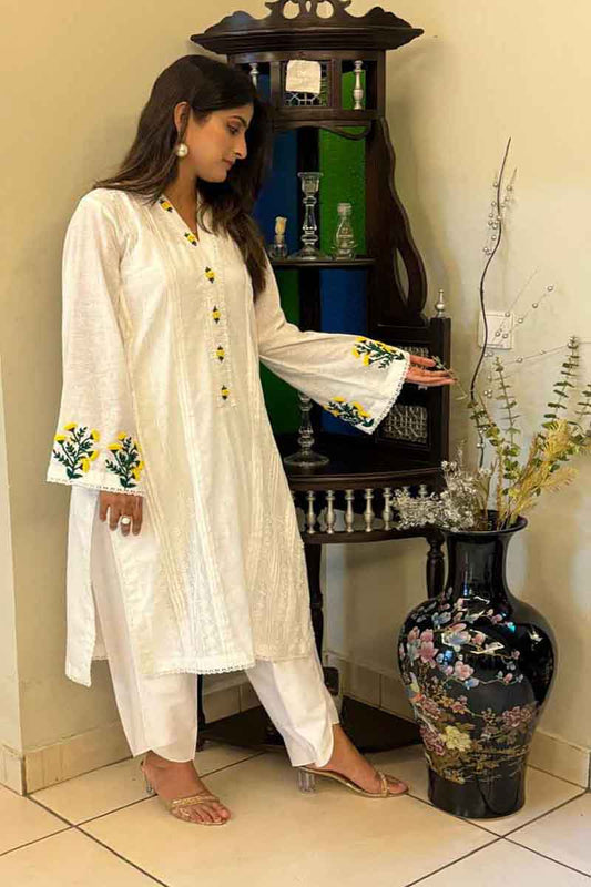 2 Piece Cotton White Daisy Stitched Casual Dress